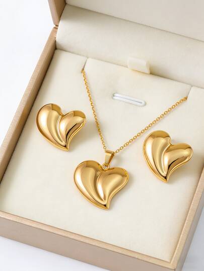 Elegant Gold Heart Pendant Necklace & Earrings Set, Women's Minimalist Smooth Surface Heart Pendant Jewelry Set, Simple Daily Jewelry Gift