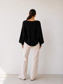 Women's Black Knit Blouse With Batwing Sleeves, Oversized Ribbed Knit Sweater, Loose Fit, Casual Fashion - màu đen - Xem 4