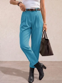 Women's High-Waisted Straight-Leg Trousers With A Slimming Effect And Folded Hem, An Elegant Style Ideal For The Office And Casual Wear - 薄荷藍 - 查看 1