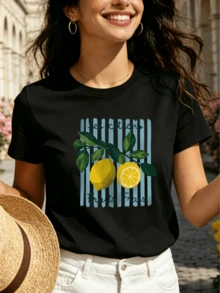 Women's Multicolor Short-Sleeve Crew Neck T-Shirt - Fresh French Style: Lemon Print "Les Citrons" - Versatile Garment Ideal For Holidays - Pure Cotton Basic T-Shirt - French-Themed Lemon Print - Casual And Fashionable Travel T-Shirt - 黑色 - 查看 9