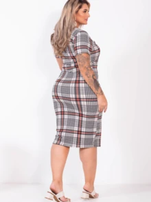 Casual Short-Sleeved Plaid Midi Dress, Comfortable For Spring/Summer - 米色格子 - 查看 2