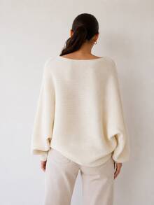 Women's White Knit Blouse With Batwing Sleeves, Oversized Ribbed Knit Sweater, Loose Fit, Elegant - White - View 4