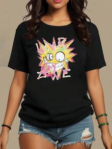 Explosion Of Vibrant Colors With A Cartoonish Sun Smiling Broadly, Conveying Positive Energy, Rebellion, And Urban Joy. Women's Casual, Modern, And Comfortable T-Shirt For Everyday Wear. - 黑色 - 查看 8
