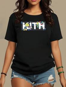 Colorful Tropical Flowers Representing The Joy And Energy Of Nature With A Modern Urban Touch On A Dark Background Create A Vibrant And Stylish Contrast. Comfortable Casual Women's T-Shirt For Summer And Everyday Wear - 黑色 - 查看 8