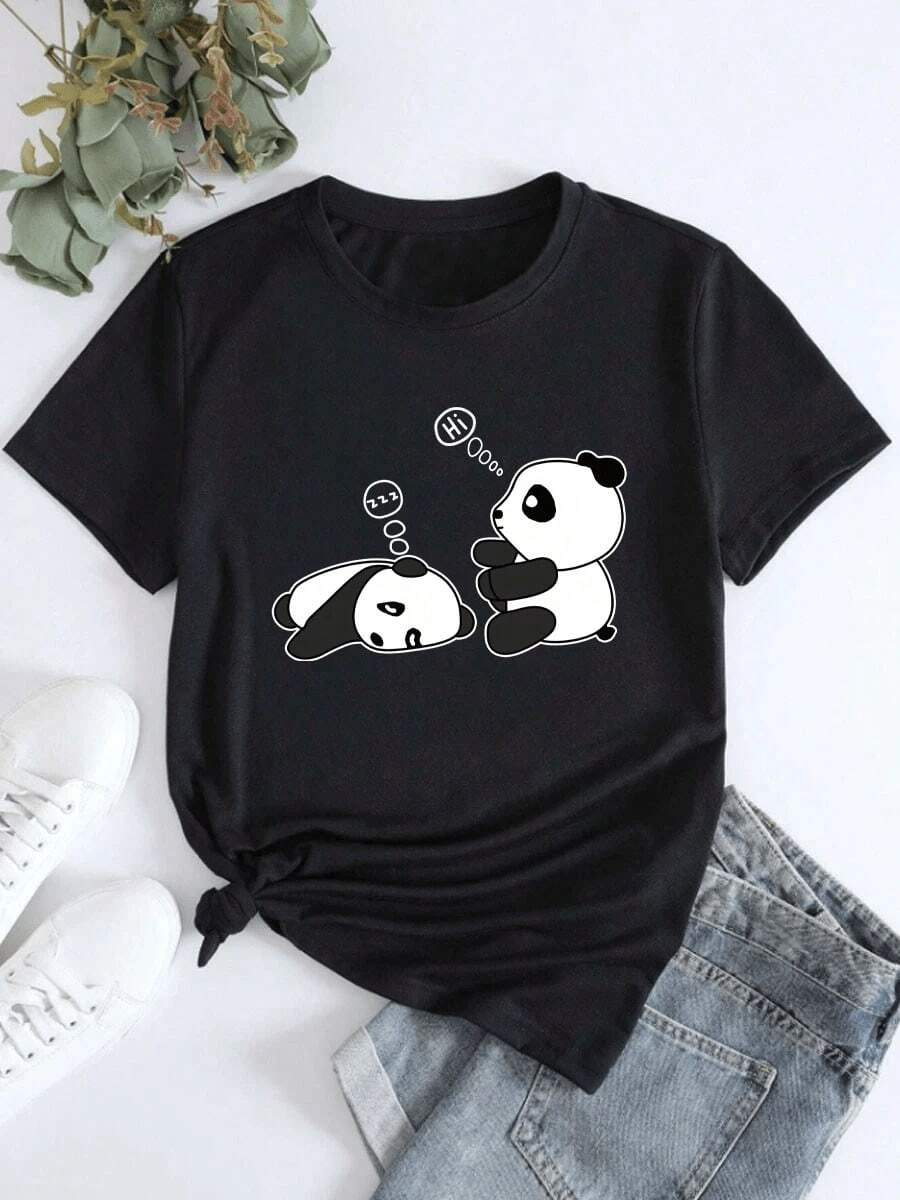 Short-Sleeved T-Shirt With Two Panda Print, Round Neck For Spring And Summer - Black - View 1