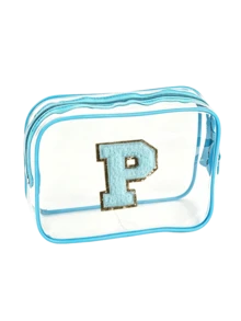 1個透明PVC便攜式收納袋，A-Z字母毛巾刺繡圖案，大容量化妝品收納盒/袋，防水拉鍊設計，多功能化妝包，美妝收納袋，適合存放口紅、化妝刷、護膚品、手機、硬幣及各種小物品，適用於居家、度假、旅行、假期旅遊及開學季 - 彩色 - 查看 20