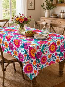 1pc Mexican Floral Print Tablecloth, Colorful Boho Style Lace Trim Tablecloth, Festive Decor Suitable For Dining Room, Kitchen, Indoor & Outdoor - Multicolor - View 2