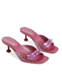 Kitten Heels For Women Open Square Toe Slip On Mule Heeled Sandals Comfortable Sandals For Party Wedding - 紫色 - 查看 2