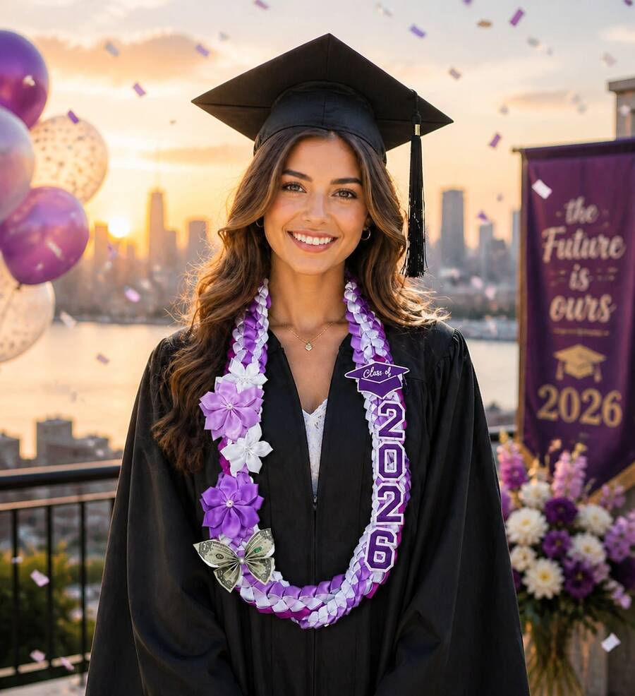 50'' 2026 Graduation Lei Double Braided Strands Graduation Ribbon Leis With 4 Satin Flowers Congrats Graduates Money Leis Class Of 2026 Gift For Men Women - C - View 1