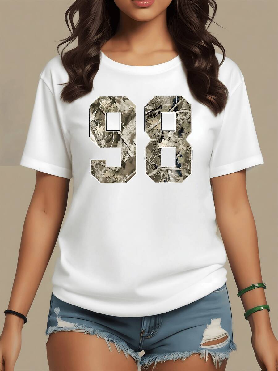 Number 98 With A Texture Of Dried Leaves And Branches Symbolizing The Natural Connection And The Strength Of Regeneration. Modern Casual Women's T-Shirt For Summer - 白色 - 查看 1