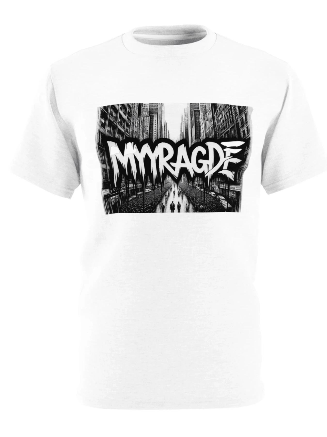 Ciudad urbana en blanco y negro con edificios altos y calles llenas de personas que caminan hacia la luz simbolizando energía y dinamismo camiseta de mujer moderna casual cómoda para uso diario - Blanco - Ver 1
