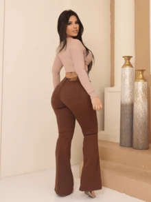 Faraya Jeans Women's Flare Jeans Available In Beige/Khaki/Brown/Black/White/Green, Super Comfortable, High-Waisted With Lycra. - 巧克力棕 - 查看 3
