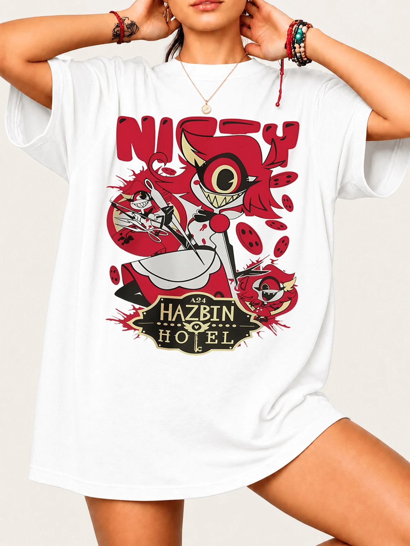 T-Shirt For Fans Of Hazbin's Hotel's NifftyY Iconic Character And Official Logo, 100% Cotton, Unisex - White - View 1