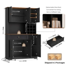 Küchenschrank 180cm Buffetschrank mit Sideboard für Küche mit Küchenschrank mit Arbeitsplatte & Weinregal für 12 Flaschen Küchenbuffet Küchenmöbel 180x100x39cm Schwarz - Schwarz - Übersicht 3