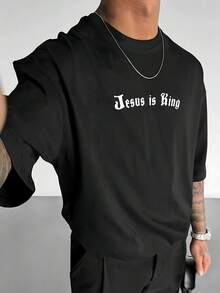 Men's Cotton Graphic Tee, Oversized "Jesus Is King" Gothic Letter Print Short Sleeve T-Shirt, Crew Neck Loose Streetwear Top, Soft Breathable Fabric, Religious Crown Slogan Graphic Design, Y2K Style, Casual Daily Wear, All-Match Basic Tee For Outdoor Street And Summer Casual Wear For Young Men - màu đen - Xem 4