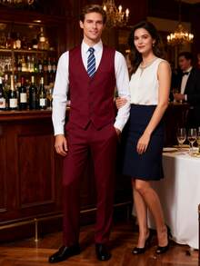 Men's Slim Fit Black Front Closure Suspender Vest, Formal Business Wedding, Spring/Autumn - Burgundy - View 3
