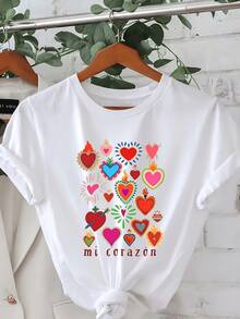 Corazones coloridos con fuego y símbolos de amor que representan pasión esperanza luz interna y energía positiva para el alma camiseta de mujer casual cómoda para uso diario - Blanco - Ver 1