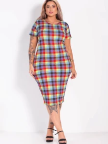 Casual Short-Sleeved Plaid Midi Dress, Comfortable For Spring/Summer - 多彩象棋 - 查看 1