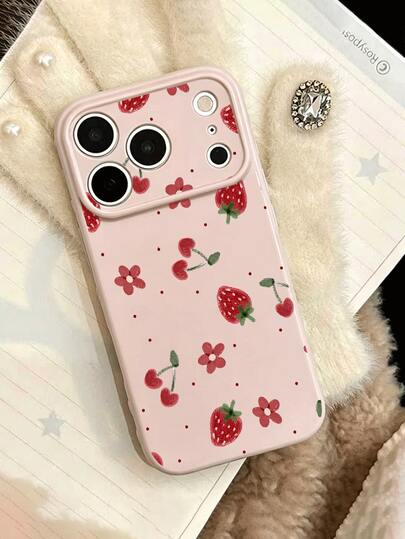 1pc Minimalist Pink Strawberry & Cherry Blossom Pattern Fashionable Cute Side Heart Shock-Proof Soft TPU Phone Case, Suitable As Birthday/Holiday Gift For Friends, Family, Couples, Fits 17/16/15/14/13/12/11/X/XR/XS MAX, Galaxy A56/55/A03S Series