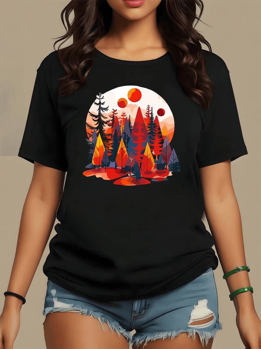 Colorful Forest With Tall Trees And Leaves In Warm Tones That Evoke The Energy Of Sunset And The Connection With Nature. Comfortable And Modern Women's T-Shirt For Everyday Wear - 黑色 - 查看 1