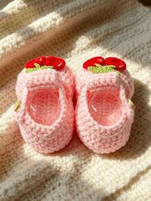 1 Pair Handmade Crochet Infant Sandals, White With Red Cherry Decor, Soft Knitted Booties - Baby Pink - View 6
