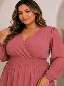 Women's Plus Size Dress With Wrap Neckline, Long Sleeves, Side Slit, Loose Fit, For Parties - Rusty Rose - View 3