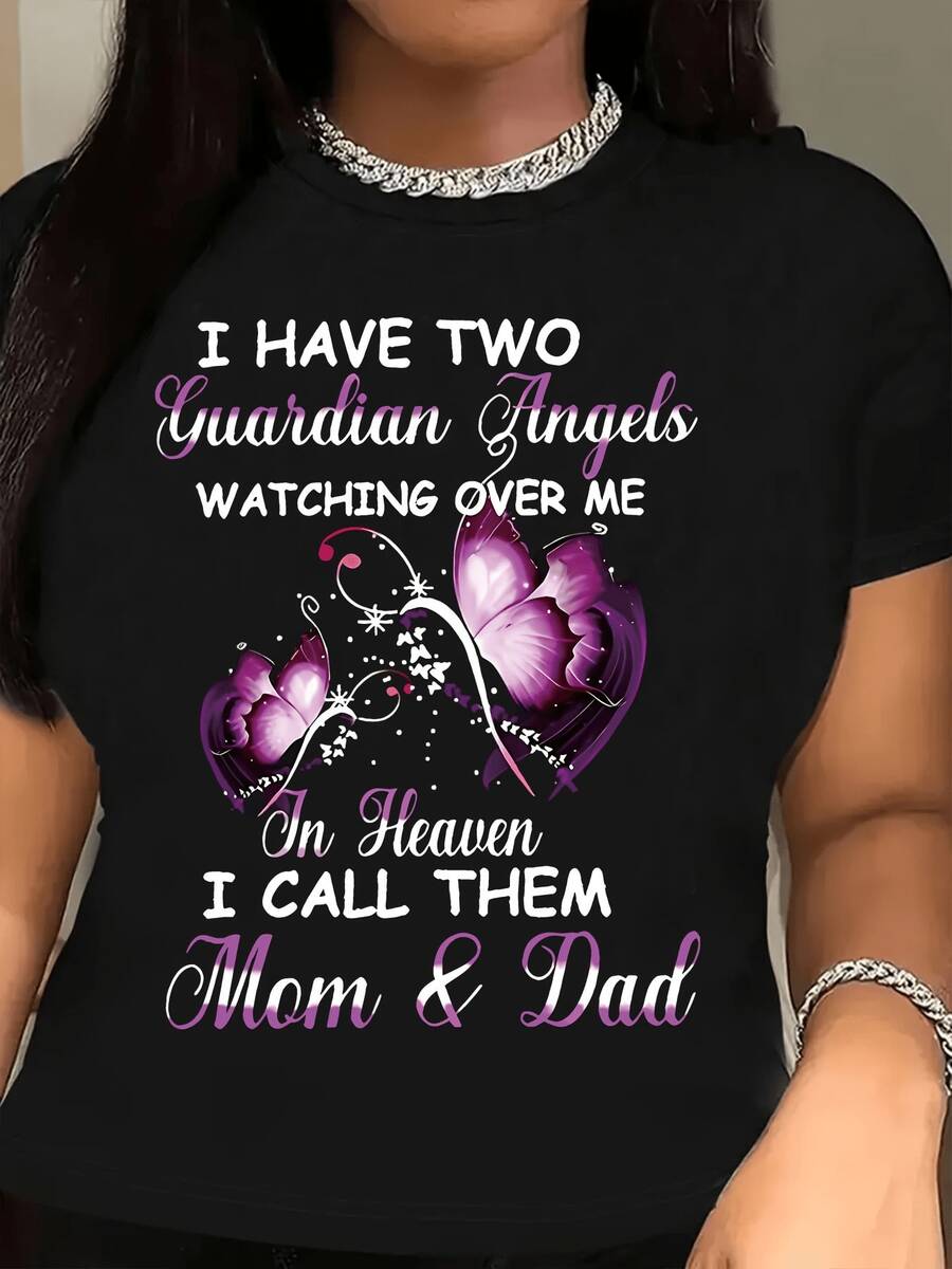 1pc Camiseta Negra de Mujer con la frase "I Have Two Guardian Angels Watching Over Me" para Uso Casual, Cuello Redondo, con Diseño de Maosa Mor y Floral, Tela Suave, Comodidad para Todas las Estaciones, Perfectara Amantes de la Moda Ca Jpeg
