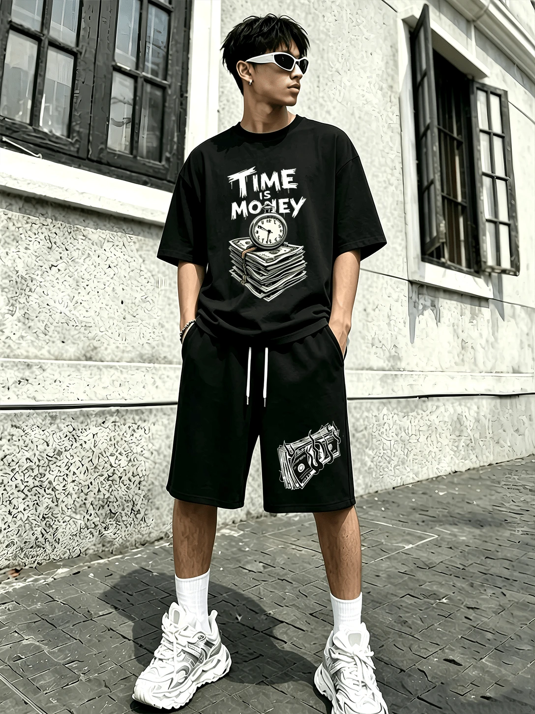 Men's Sportswear Set, Featuring A Unique American Retro Banknote Clock Print, Crew Neck Short-Sleeved Shirt And Shorts, Loose-Fitting Black Design, Perfect For Summer Sports, Casual Wear, Comfortable And Versatile Two-Piece Set. - 黑色 - 查看 1