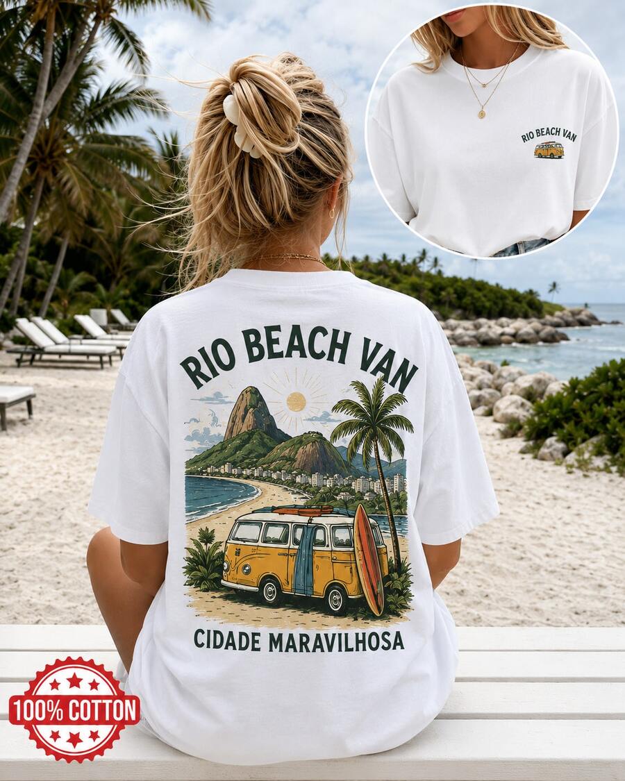 Playera Oversize Para Mujer Con Estampado Rio Beach Van, Camiseta Casual De Manga Corta Con Diseño De Playa Y Van, Estilo Verano - Blanco - Ver 1