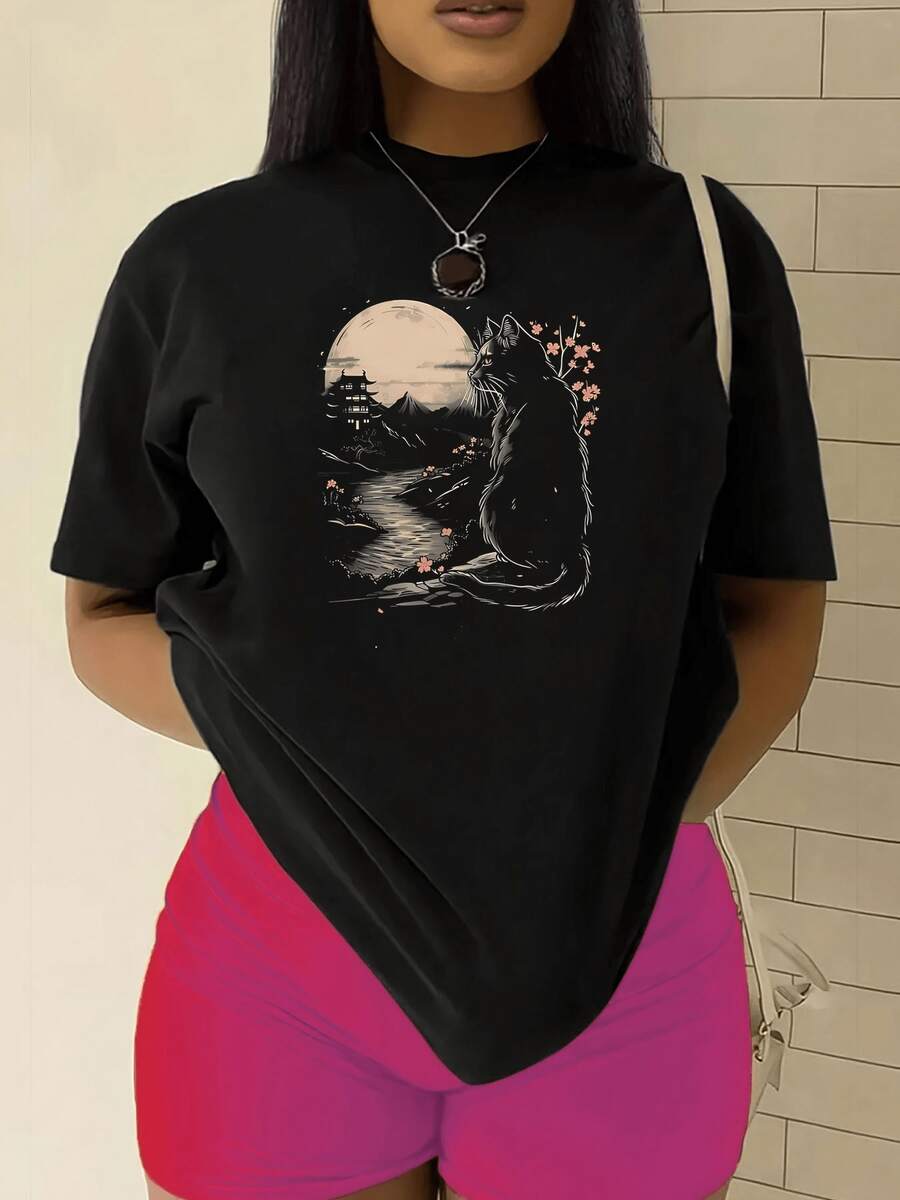 Camiseta de manga cortara mujer - Top casual suave retro de cuello redondo con mangas cortas, corte relado en línea H y cintura, atuendo casual lavable a máquina y conjuntos de festival - Camiseta básicara mujer_56