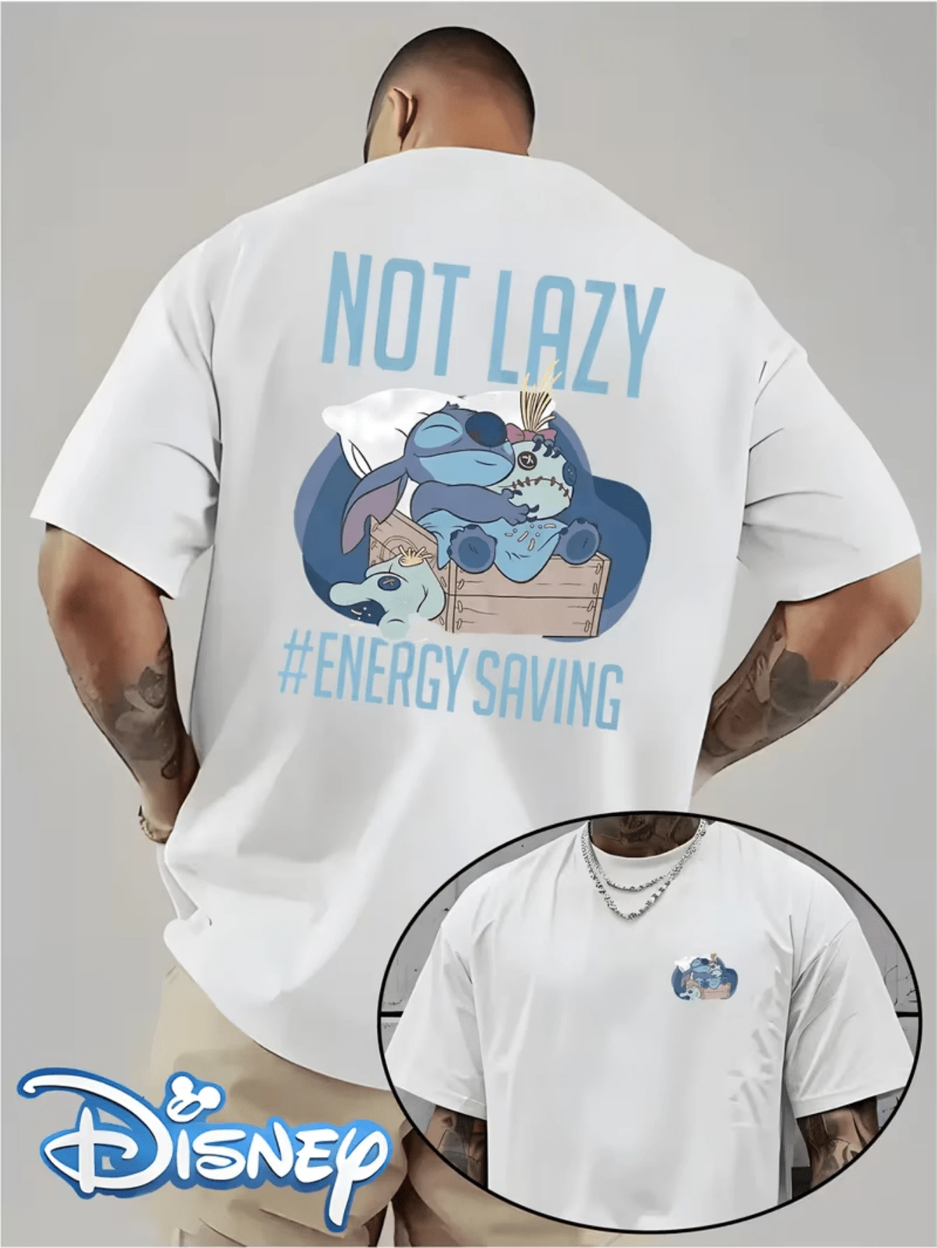 (Disney Licensed T Shirts)Disney Lilo & Stitch "Not Lazy #Energy Saving1" Sleeping Graphic Tee Men's Oversized Crew Neck Short Sleeve T-Shirt, Casual Streetwear With Napping Stitch And Scrump Print, Funny Quote Loose Fit Casual Top, Mens Clothes, Men, Ropa De Hombre, Summer Clothes, Men Shirts, Graphic Tees, Disney Outfits Men, Graphic Tees, Camisetas Para Hombre, Camisas Para Hombre, Summer Outfits For Men, Father's Day Gift, Perfect Gift For Family And Friends, Which Are Necessary For Birthday Parties, Disney Shirts, Mens Clothes, Summer Clothes, Officially Licensed Disney T-Shirts, Disney Men's And Women's Spring/Summer Fashion Casual Short-Sleeve T-Shirts, Disney Top - trắng - Xem 1