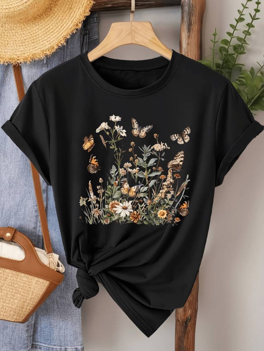 Women's Printed T-Shirt, Perfect For Parties, Holidays And Home Wear, An Excellent Gift For Birthdays And Friends, Casual T-Shirt With Printed Design, Casual Outfit, Simple Solid Color T-Shirt (Fitted Cut, See Size Chart) - 黑色 - 查看 1