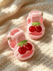 1 Pair Handmade Crochet Infant Sandals, White With Red Cherry Decor, Soft Knitted Booties - Baby Pink - View 2