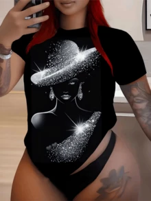 Sombrero brillante que simboliza la elegancia y el misterio femenino con destellos luminosos que destacan la fuerza interior y la belleza artística camiseta de mujer moderna casual cómoda para verano - Negro - Ver 1