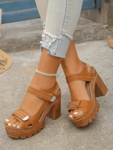Women's Plus Size High-Heel Sandals, 2026 Summer New Arrival Platform Sandals, Single Strap Sandals, Elegant Style Ladies Sandals - 棕色 - 查看 7