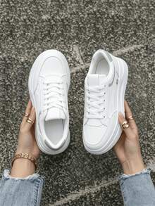 Women's Four Seasons Leather Stitched White Shoes Slip-On Lace-Free Lazy Shoes Comfortable Platform Board Shoes Women's Sneakers Sandalias De Mujer - 灰色 - 查看 5