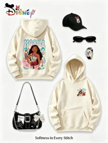 Disney Princess Series Y2K Printed Sweatshirt "MOANA" - Fun Theme Print Oversized Top, Casual And Versatile, Perfect For Holiday Gifts (Women's Autumn/Winter Clothing/Elegant Women's Outfits/Patterned Hoodies/Printed Tops/Casual Outfits For Women/Women Trending Now/Holiday Co-Ord/Plus Size Friendly) - 杏色 - 查看 1