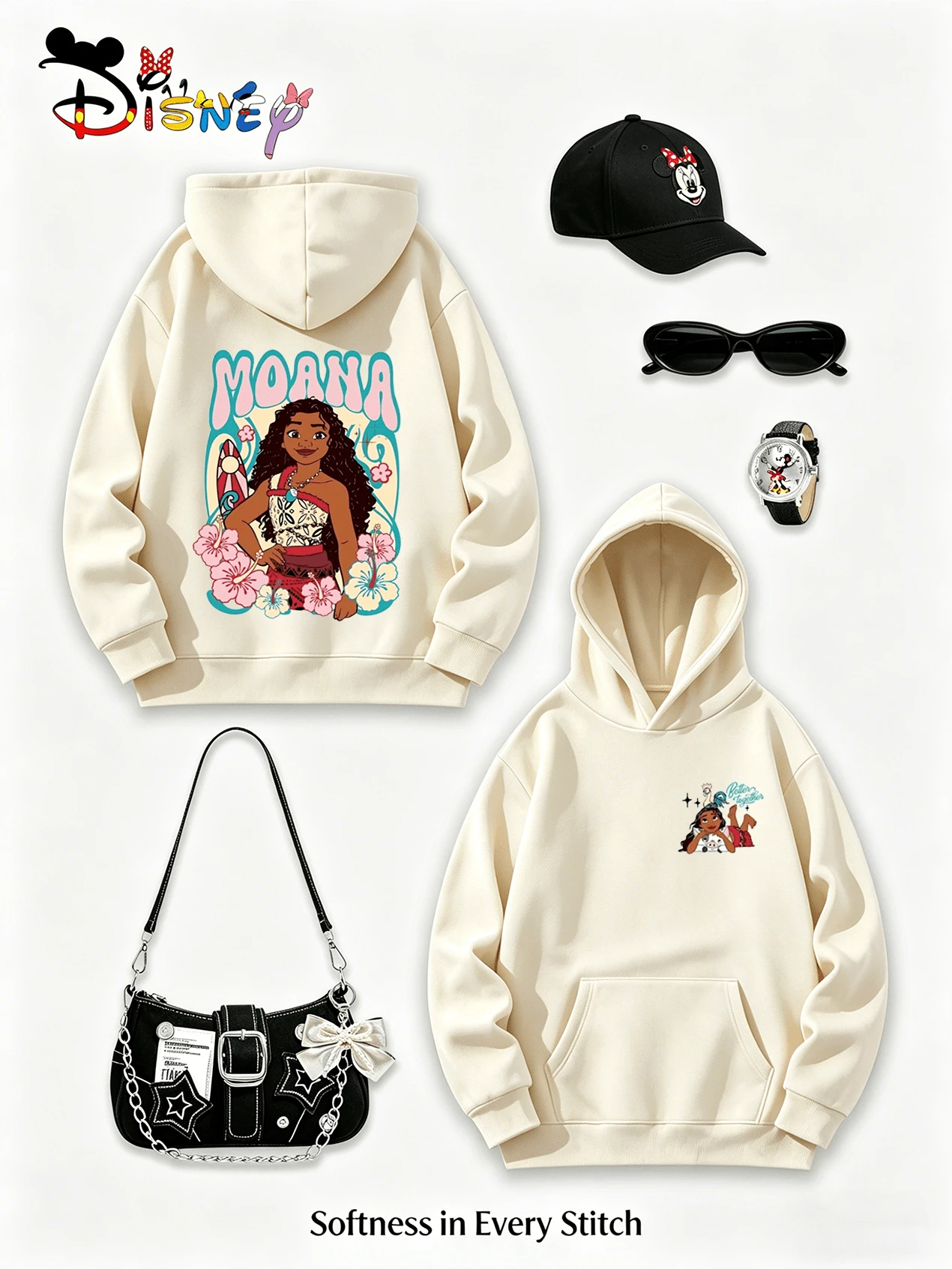 Disney Princess Series Y2K Printed Sweatshirt "MOANA" - Fun Theme Print Oversized Top, Casual And Versatile, Perfect For Holiday Gifts (Women's Autumn/Winter Clothing/Elegant Women's Outfits/Patterned Hoodies/Printed Tops/Casual Outfits For Women/Women Trending Now/Holiday Co-Ord/Plus Size Friendly) - 杏色 - 查看 1