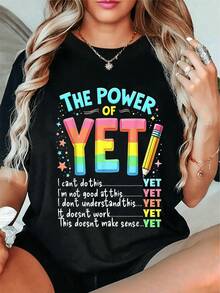 Women's Bold THE POWER OF YET Graphic T-Shirt - Casual Short Sleeve Fitted T-Shirt For Women - Vibrant Rainbow And Pink Text With Inspirational Quotes And Colorful Typography, Positive Thoughts, Soft Touch And Comfortable Crew Neck T-Shirt (Fitted, See - 黑色 - 查看 1