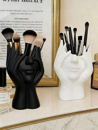 Modern Style Face And Hand Sculpture Makeup Brush Holder Resin Cosmetic Organizer Decorative Pen Holder Desk Organizer Container Black And White Art Style For Bathroom Bedroom Office