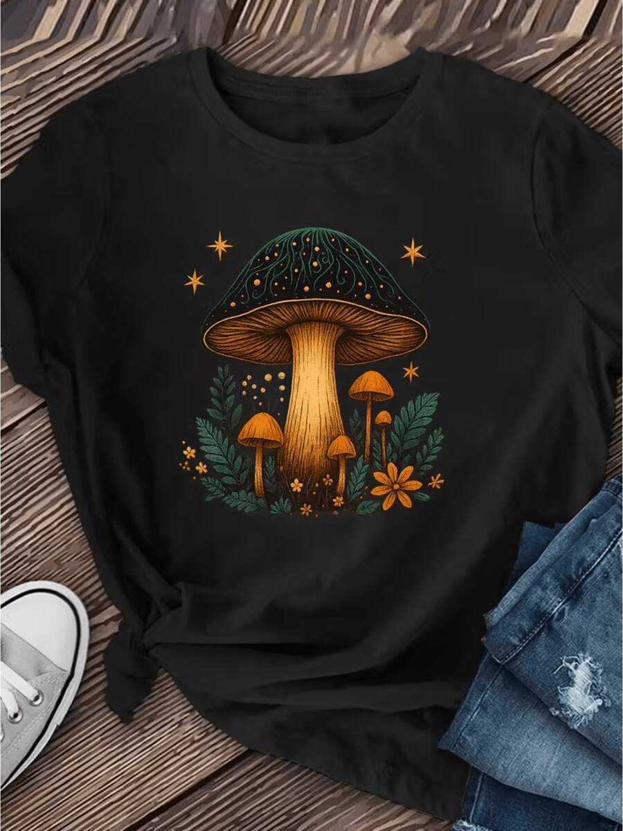 Camisa de manga corta para mujer con estampado de hongos verdes, diseño moderno, camiseta de cuello redondo estampada, top casual talla S, camiseta casual de manga larga, camisa de manga corta transpirable con diseño elegante. - Negro - Ver 1