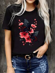 Elegante camiseta negra con un vibrante diseño floral rosa y rojo y maosas negras - Top casual de verano de manga corta, uste cómodo para todas las estaciones, camisa de maosas, camiseta ligera de manga corta de secado rápido (corte hoado, consulte la tabla de tallas) - Negro - Ver 2