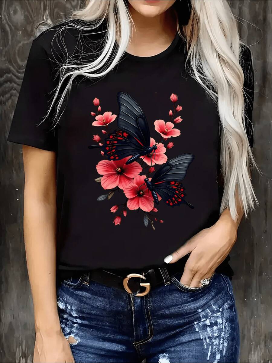 Elegante camiseta negra con un vibrante diseño floral rosa y rojo y maosas negras - Top casual de verano de manga corta, uste cómodo para todas las estaciones, camisa de maosas, camiseta ligera de manga corta de secado rápido (corte hoado, consulte la tabla de tallas)