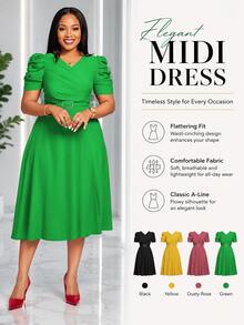 Kelly Green A-Line Dress V-Neck Short Puff Sleeves Rhinestone Buckle Belt Defined Waist Knee Length Polyester Chic Semi-Formal Wedding Guest Cocktail Party Work (Local Warehouse Discounts.) | Emerald Green Dress | Satin Dresses | Dresses | Dresses For Women | Mid Length Midi Dress | Jersey Dresses For Women  (Shipped From Local Warehouse | Quick Dispatch) - màu xanh lá - Xem 1