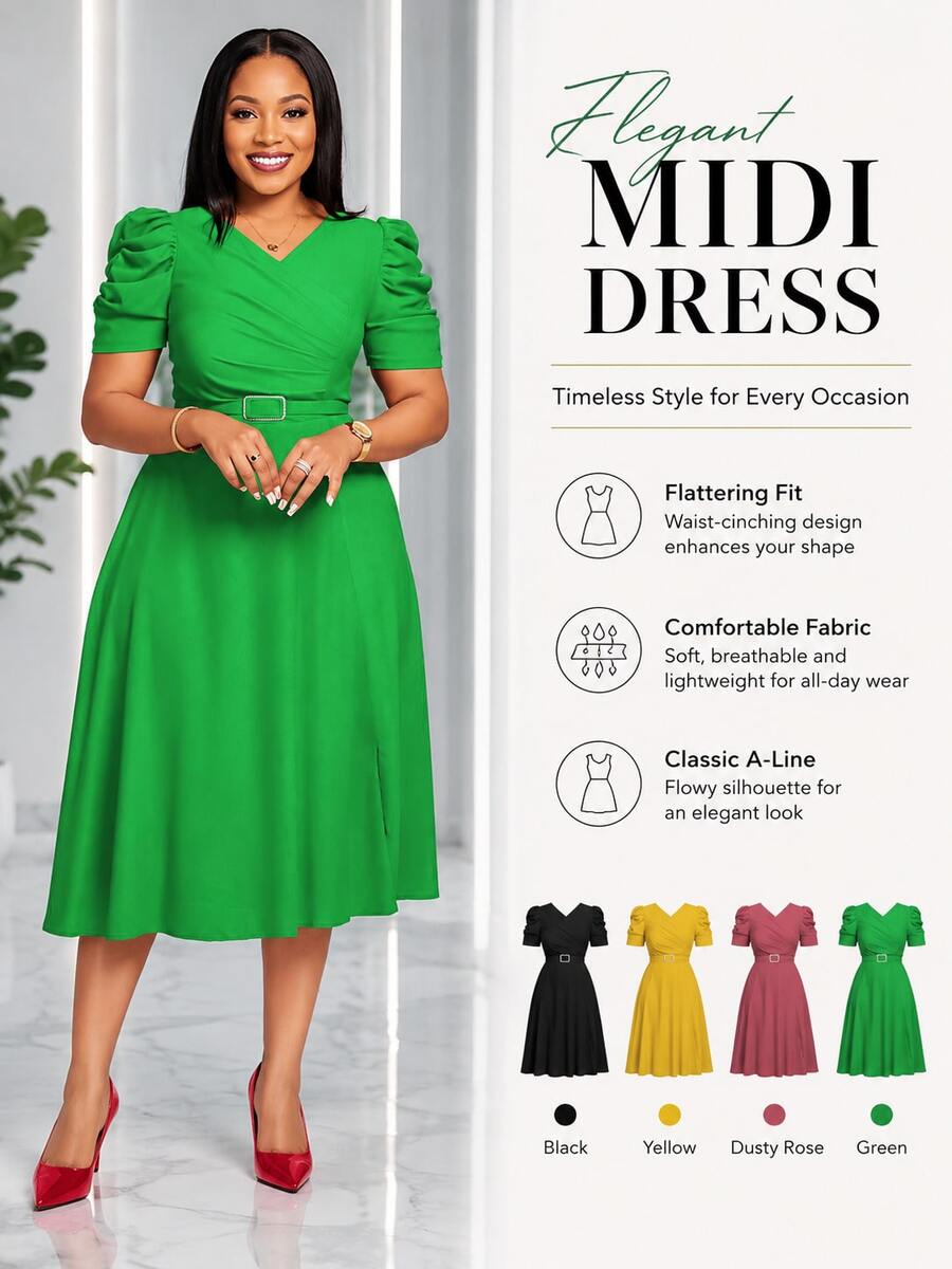 Kelly Green A-Line Dress V-Neck Short Puff Sleeves Rhinestone Buckle Belt Defined Waist Knee Length Polyester Chic Semi-Formal Wedding Guest Cocktail Party Work (Local Warehouse Discounts.) | Emerald Green Dress | Satin Dresses | Dresses | Dresses For Women | Mid Length Midi Dress | Jersey Dresses For Women  (Shipped From Local Warehouse | Quick Dispatch) - màu xanh lá - Xem 1