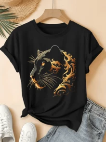A Majestic Panther Figure With An Intense Gaze Surrounded By Elegant Golden Lines Symbolizing Strength And Mystery-Perfect For Expressing Confidence And Energy. A Modern, Casual, Comfortable Women's T-Shirt For Everyday Wear. - 黑色 - 查看 8