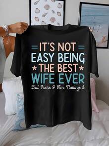 La mejor esposa del mundo, camiseta drtida de humor para mujer, manga corta casual, uste cómodo, vestido para hermanas, imprescindible para vies al e , camiseta de mujer, camiseta de primavera y verano, camiseta de manga corta casual elegante de uste entallado (para un uste - Negro - Ver 2