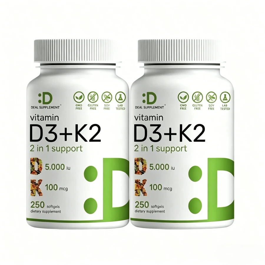 Supplement Vitamin D3K2, 250 Veggie Softgels, 2 In 1 (5000 D3+100mcg K2 MK7)| Healthy Bones, Teeth, Heart, Immune System Healthcare Dietary Fitness Edible - 2PCS - View 1