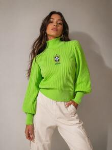 Women's Knitted Blouse With High Neck And Puff Sleeves, World Cup Brazil Themed. - Màu xanh chanh - Xem 6