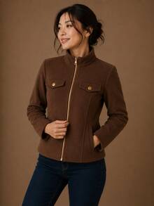 Women's Corduroy Jacket With Zipper - Elegant And Warm - Modern - Winter - Velvet - Zipper - Holiday - School - Vacation - Daily - Office - 鏽棕色 - 查看 3
